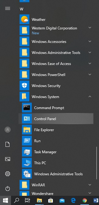 control panel in start menu windows 10
